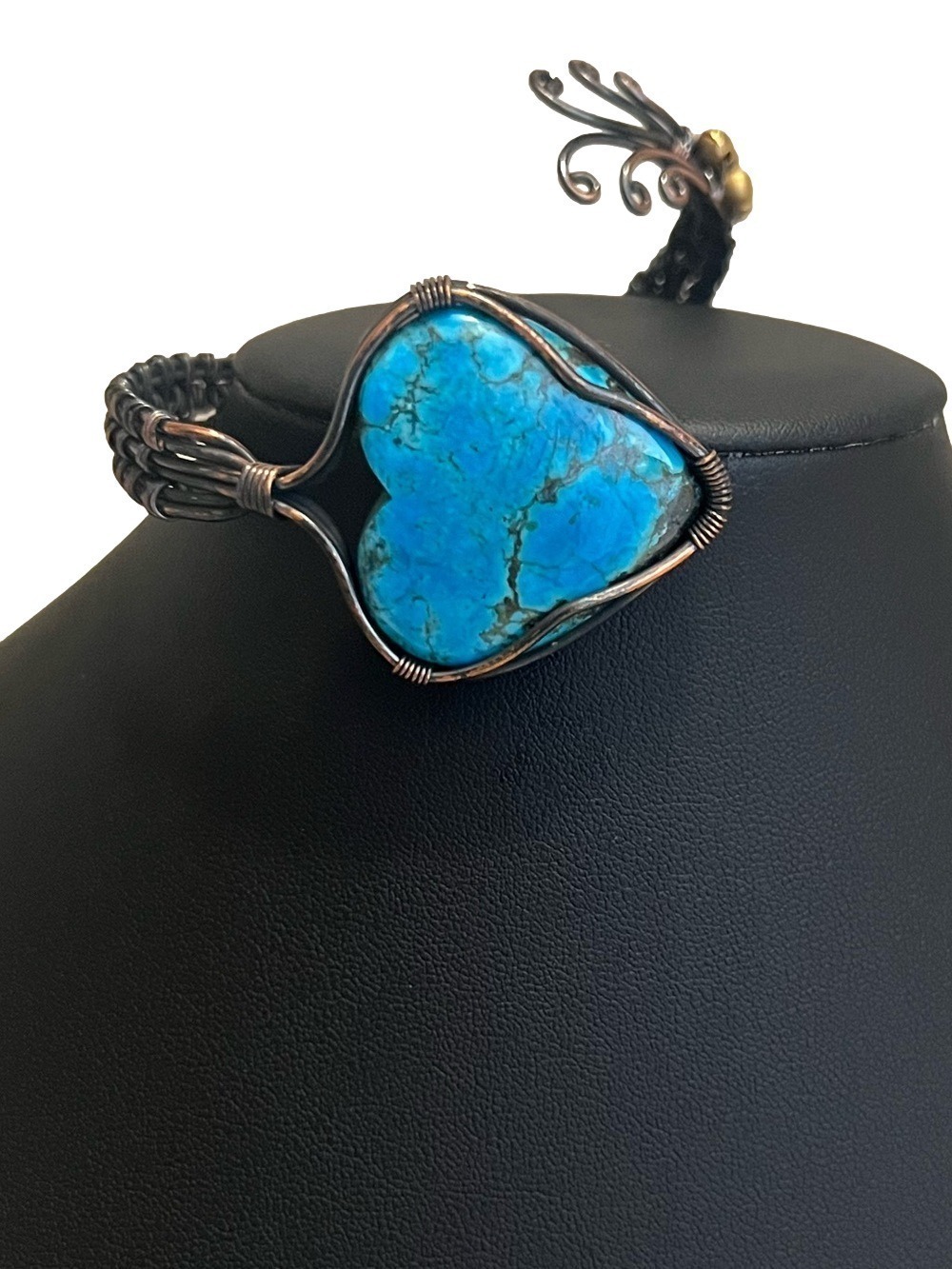 Turquoise Copper Wire Wrap Look Heart Gemstone Adjustable Bangle Bracelet